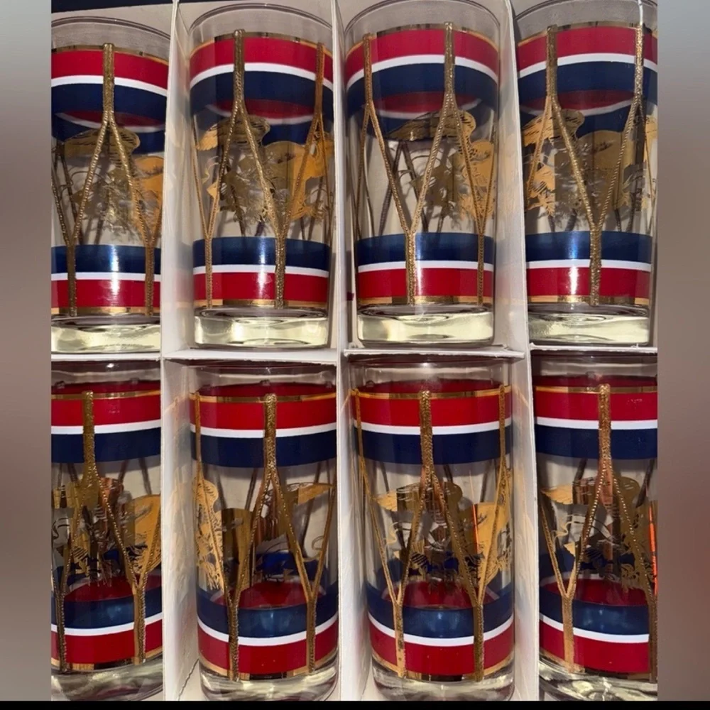Set/8 Antique House Art Hi Ball Set Red White Blue & Gold Eagle Drum Design